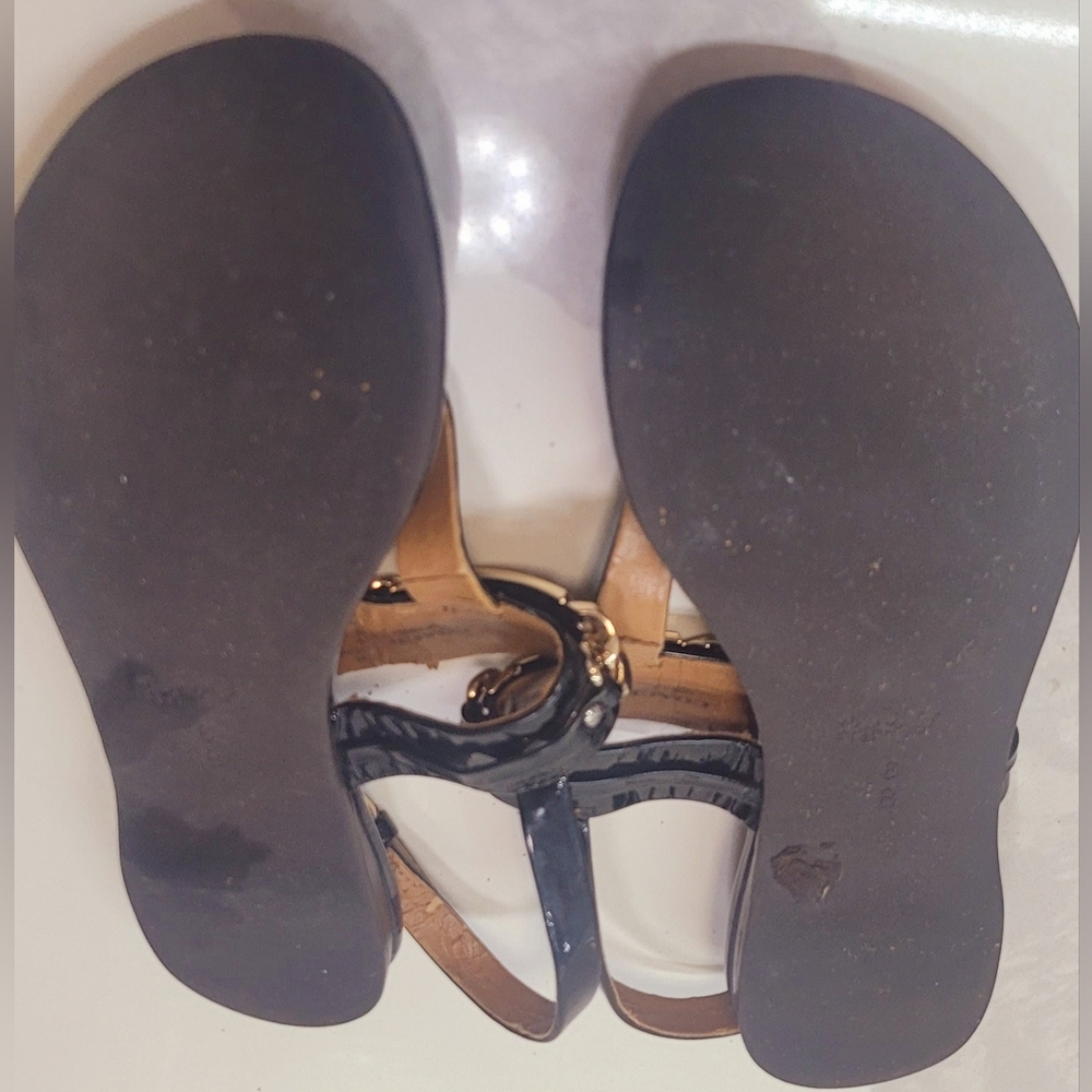 Coach Black Patent Leather T-Strap Sandals with Gold Plaque - Picture 9 of 10